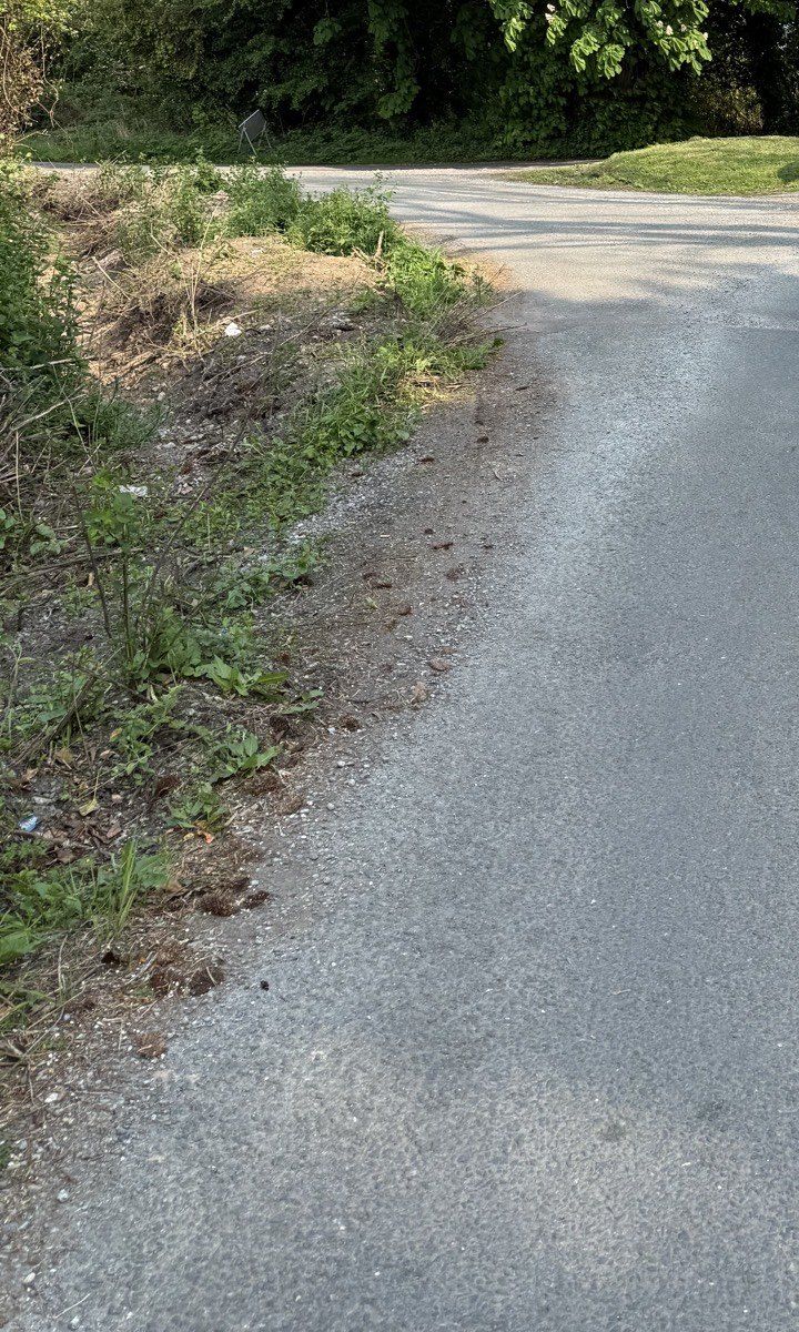 Left: earth and stone hard against the sealed edge. Right: the cut face, open to rain. 1 May 2025. No cones in these frames.