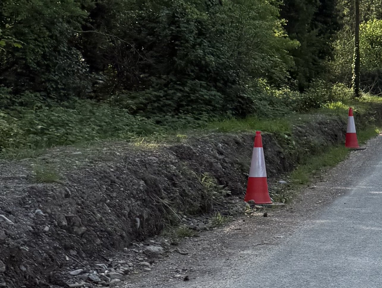 Detail of the exposed soil face of the raised roadside verge