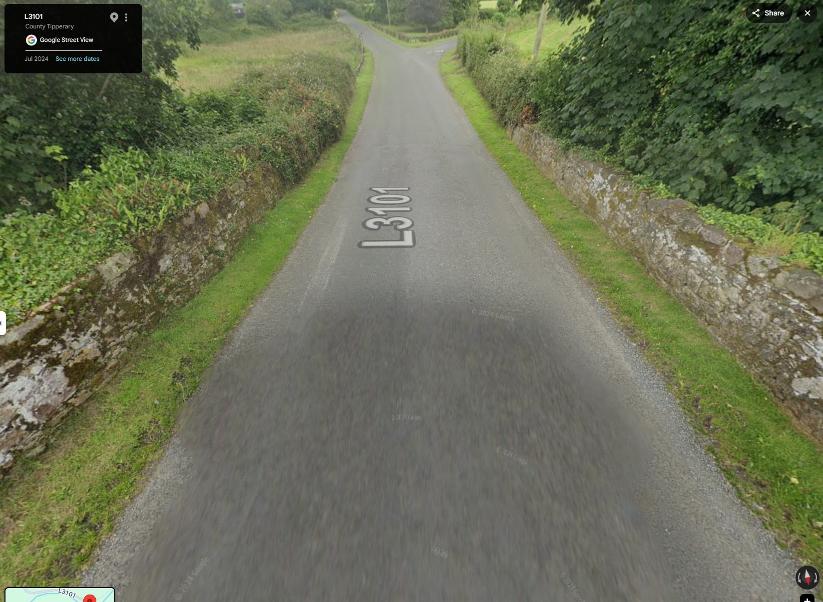 The far side of Killardry Bridge on the L3101: both parapet walls intact and capped, no sharp turn, Google Street View July 2024