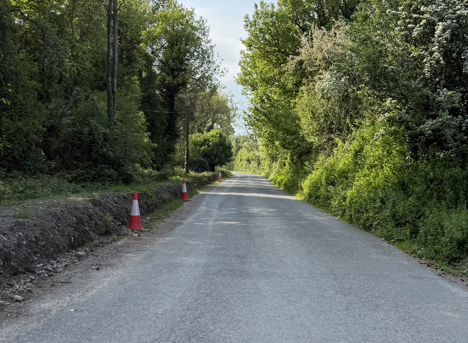 Context view of the left-hand roadside excavation/open line; drainage function unproven.